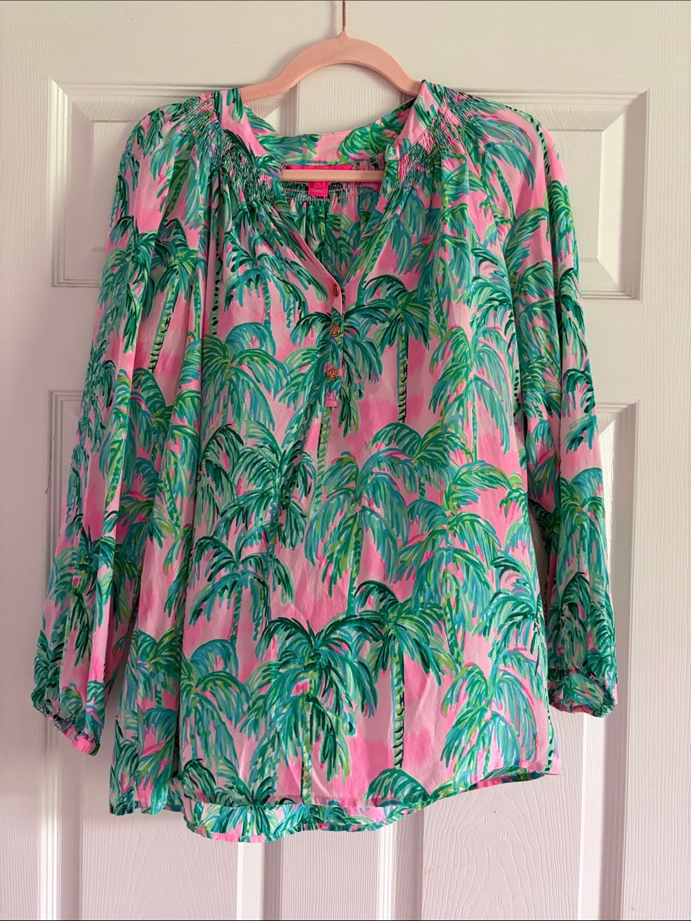 Lilly Pulitzer Pink Palm-Print Peasant Blouse